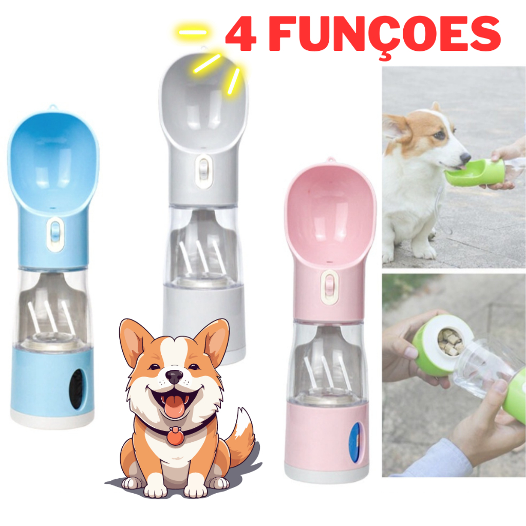 Garrafa portátil para Pet 4 EM 1 Gato e Cachorro Garrafa Bebedouro Comedouro Passeio e Porta Ração