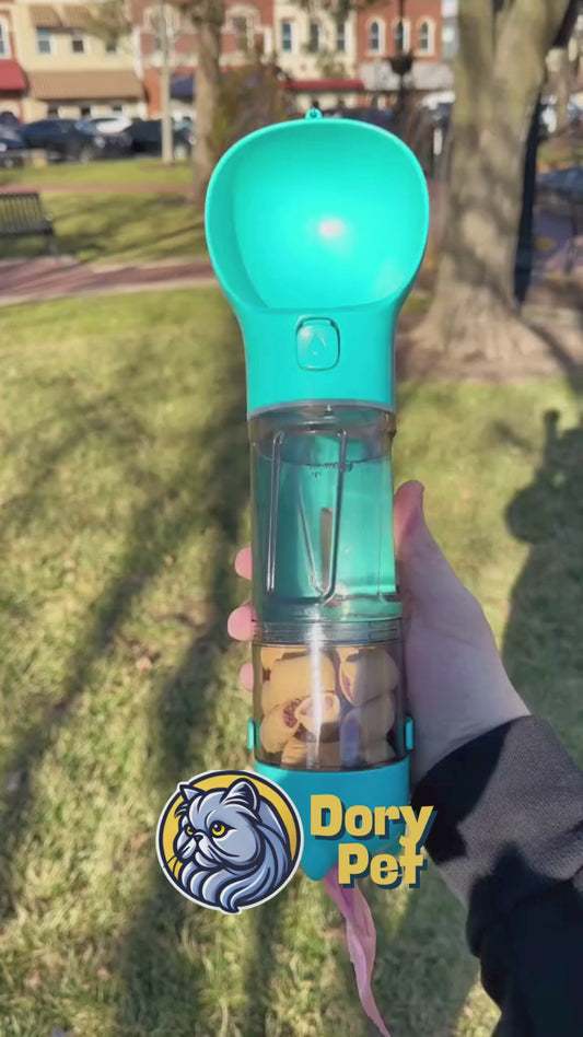 Garrafa Portátil Pet 4 em 1 – Bebedouro + Comedouro + Porta-Ração + Coletor – Dory Pet