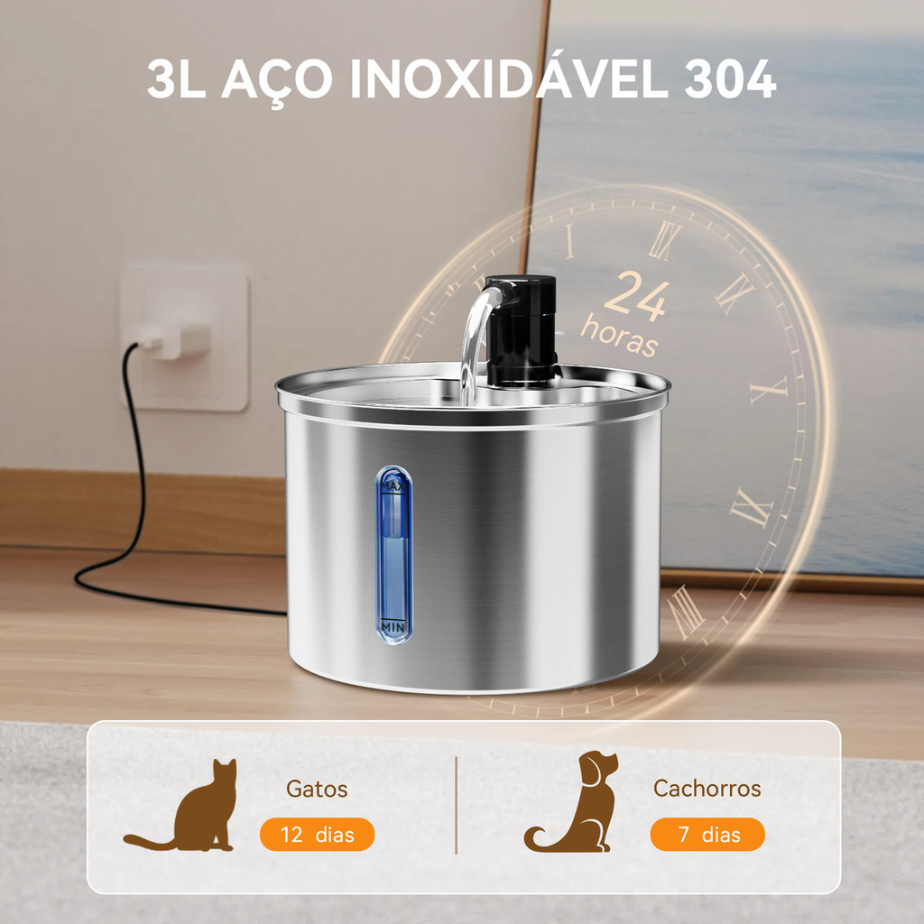 3l Fonte De Água De Aço Inoxidável Para Gatos E Cãe Newpet- Bivolt